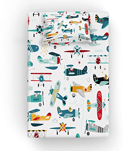 Yasida Cartoon Airplane Bed Sheets Set - Full Size Colorful Propeller Plane Bed Fitted Sheets