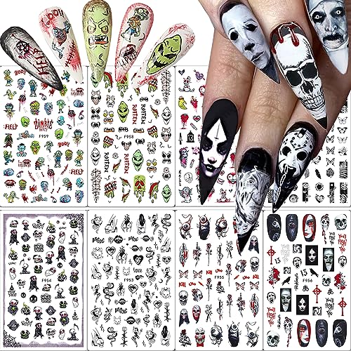8 Sheets Halloween Nail Art Stickers 3D Punk Horror Gothic Nail Stickers Skull Goth Snake Evil Nail Art Designs Decals Flower Butterfly Acrylic Nail Supplies