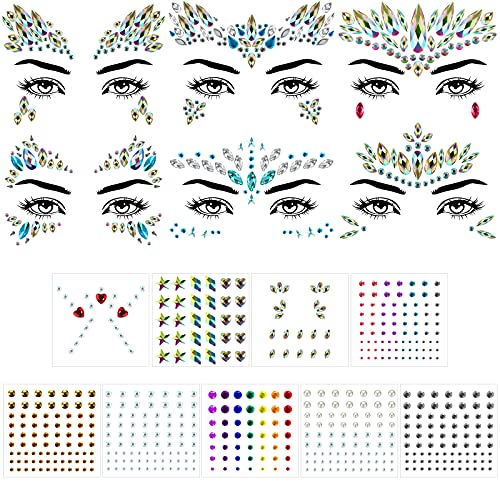  Queekay Adhesive Face Gems Temporary Rhinestone Stickers - Rainbow, 15 Sheets